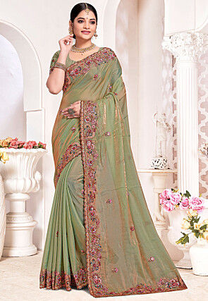 Embroidered Tissue Silk Saree in Olive Green