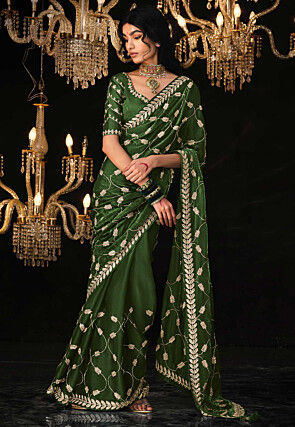 Embroidered Tissue Silk Saree in Olive Green