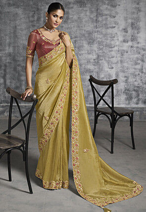 Embroidered Tissue Silk Scalloped Saree in Olive Green