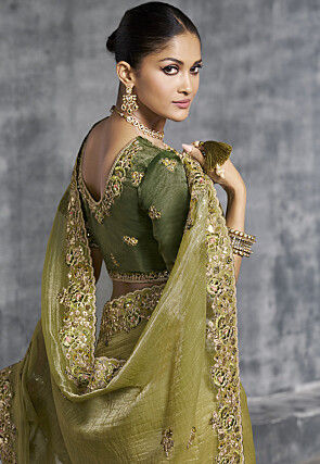 Embroidered Tissue Silk Scalloped Saree in Olive Green