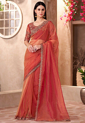 Embroidered Border Tissue Silk Saree in Orange and Pink 