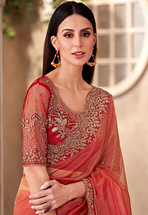 Embroidered Border Tissue Silk Saree in Orange and Pink 