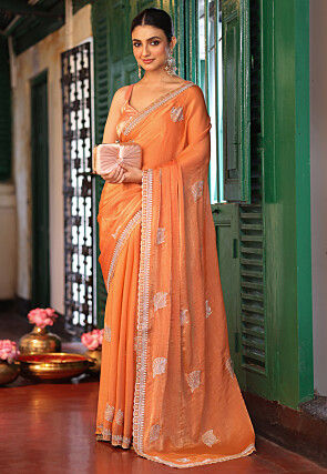Embroidered Tissue Silk Scalloped Saree in Orange