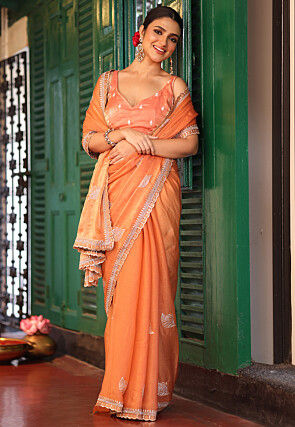 Embroidered Tissue Silk Scalloped Saree in Orange