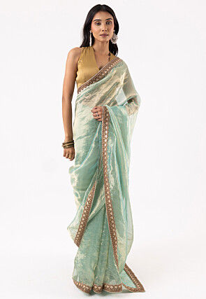 Embroidered Tissue Silk Saree in Pastel Green