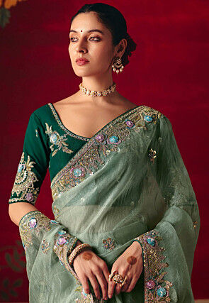Embroidered Tissue Silk Saree in Pastel Green