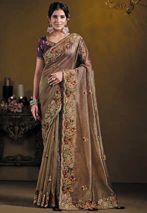 Embroidered Tissue Silk Saree in Peach