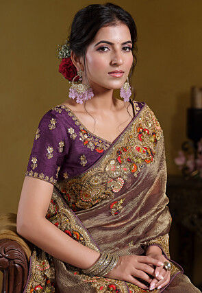 Embroidered Tissue Silk Saree in Peach