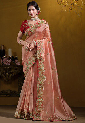 Embroidered Tissue Silk Saree in Peach