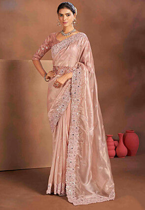 Embroidered Tissue Silk Saree in Peach