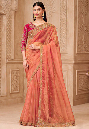 Embroidered Border Tissue Silk Saree in Light Orange