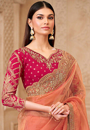Embroidered Border Tissue Silk Saree in Light Orange