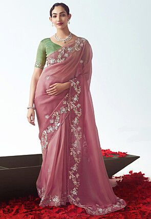 Embroidered Tissue Silk Saree in Pink