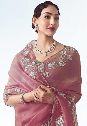 Embroidered Tissue Silk Saree in Pink
