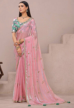 Embroidered Border Tissue Silk Saree in Pink