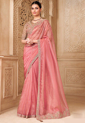 Embroidered Border Tissue Silk Saree in Pink