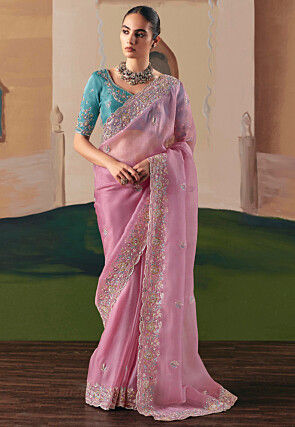 Embroidered Tissue Silk Saree in Pink