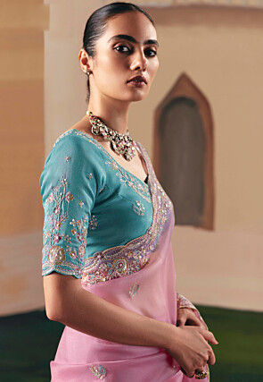 Embroidered Tissue Silk Saree in Pink