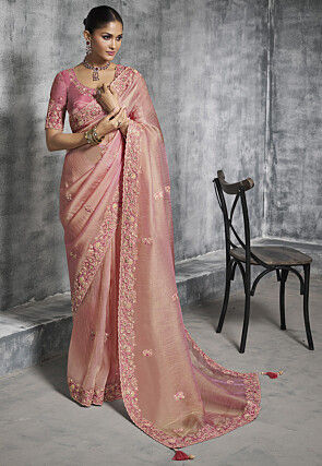Embroidered Tissue Silk Scalloped Saree in Pink
