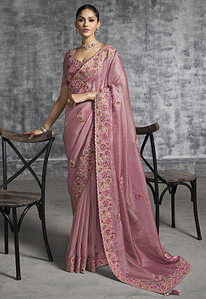 Embroidered Tissue Silk Saree in Pink
