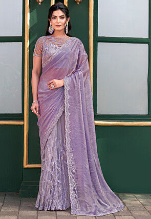Embroidered Tissue Silk Saree in Purple