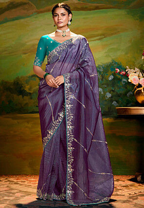 Embroidered Tissue Silk Saree in Purple