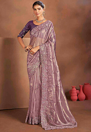 Embroidered Tissue Silk Saree in Purple