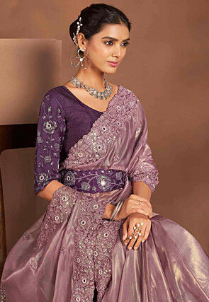 Embroidered Tissue Silk Saree in Purple