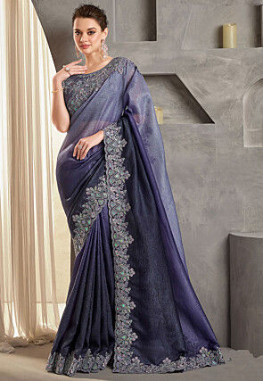 Embroidered Border Tissue Silk Saree in Purple