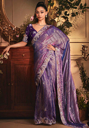 Embroidered Tissue Silk Saree in Purple