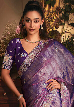 Embroidered Tissue Silk Saree in Purple