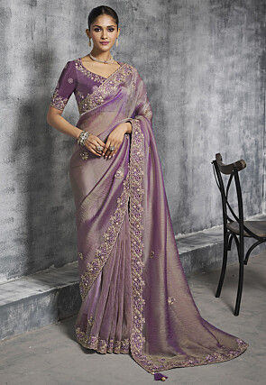 Embroidered Tissue Silk Scalloped Saree in Purple