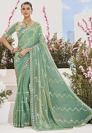 Embroidered Tissue Silk Saree in Sea Green