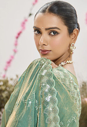 Embroidered Tissue Silk Saree in Sea Green