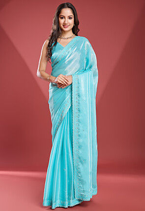 Embroidered Tissue Silk Saree in Sky Blue
