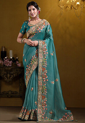 Embroidered Tissue Silk Saree in Teal Blue