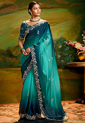 Embroidered Tissue Silk Saree in Teal Blue