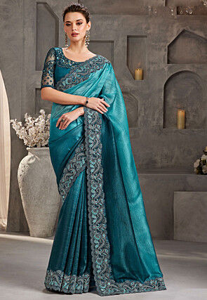 Embroidered Border Tissue Silk Saree in Teal Blue