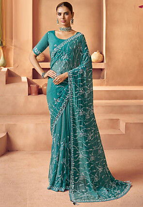 Embroidered Tissue Silk Saree in Teal Blue