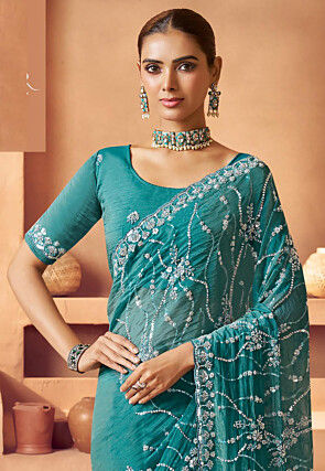 Embroidered Tissue Silk Saree in Teal Blue