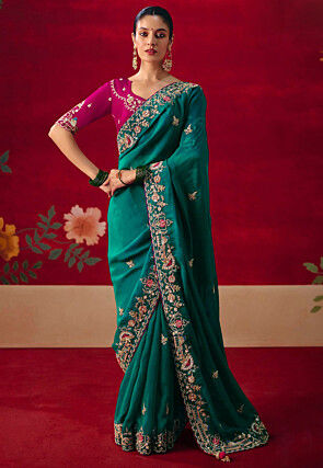 Embroidered Tissue Silk Saree in Teal Blue