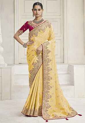 Embroidered Tissue Silk Saree in Yellow