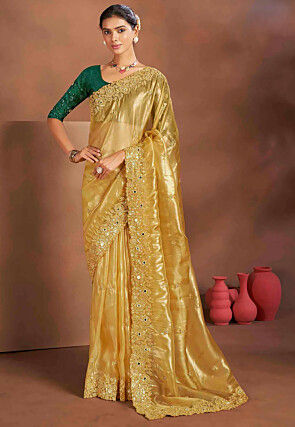 Embroidered Tissue Silk Saree in Yellow
