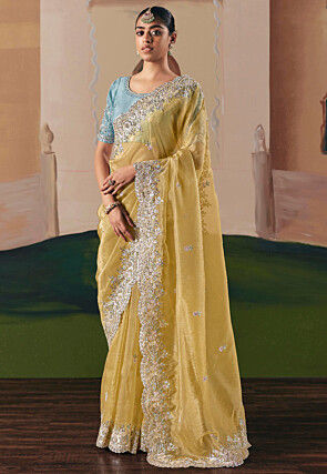 Embroidered Tissue Silk Saree in Yellow