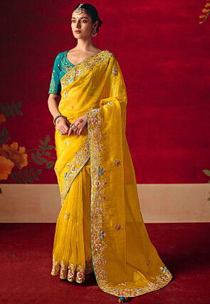 Embroidered Tissue Silk Saree in Yellow