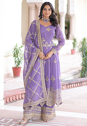 Embroidered Tissue Silk Scalloped Pakistani Suit in Purple