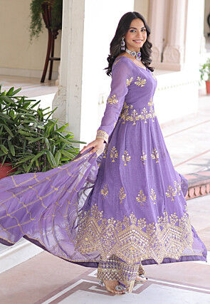 Embroidered Tissue Silk Scalloped Pakistani Suit in Purple