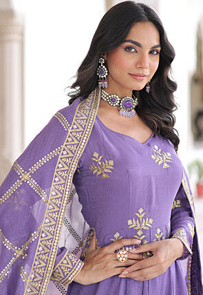 Embroidered Tissue Silk Scalloped Pakistani Suit in Purple