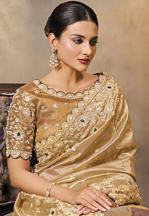 Half n Half Tissue Silk Scalloped Saree in Beige