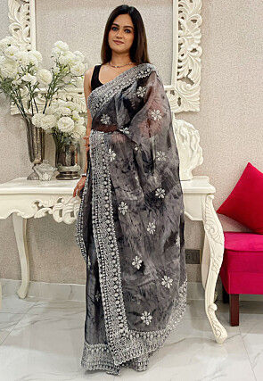 Embroidered Tissue Silk Scalloped Saree in Black